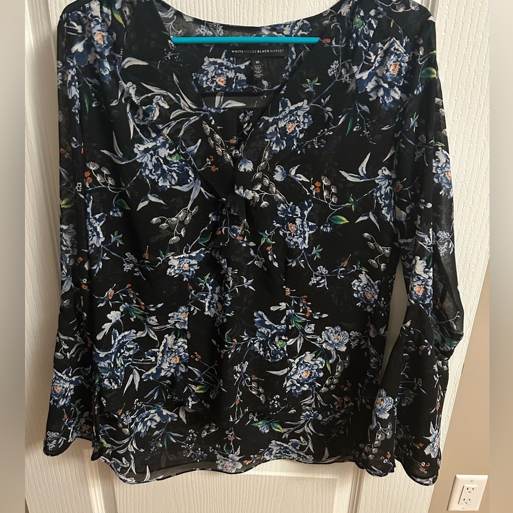 White House Black Market Black and Blue Floral Blouse